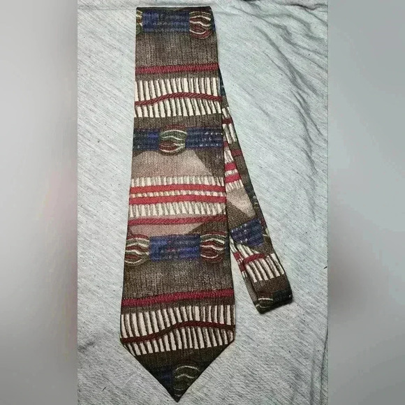 Vintage Evan Picone Sport Abstract Tie 100% Silk Tan Blue Maroon - Picture 1 of 6